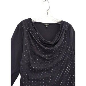 Talbots Top Blouse Drape Neck‎ Long Sleeve Black w Silver Dots Size M